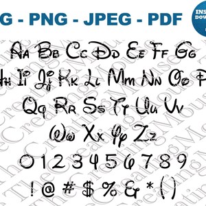 May include: A digital alphabet set featuring uppercase and lowercase letters in a stylized, whimsical font. The collection includes numbers zero through nine and various symbols such as an exclamation point, at sign, hashtag, dollar sign, percent, and ampersand.