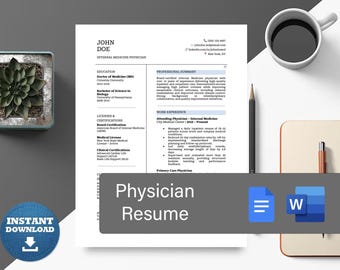 Physician Resume Template ATS CV Medical Doctor Resume Word Editable Healthcare CV Instant Download