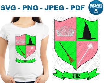 Pink Green Witch School Spirit Crest SVG PNG Magic Hat Broom Wand Crown Fantasy Shirt Cricut SVG Cut File