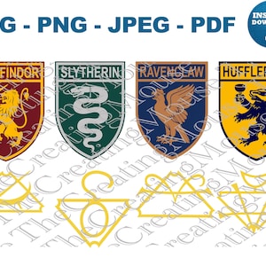 May include: Four digital crests labelled Gryffindor, Slytherin, Ravenclaw, and Hufflepuff, each featuring a unique animal emblem and colour scheme. Below these are four yellow line-art symbols. Text includes SVG, PNG, JPEG, PDF, and Instant Download.