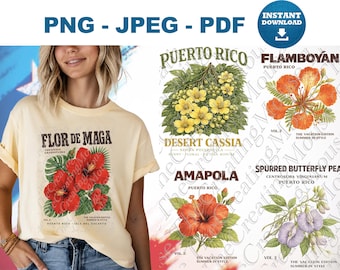 Puerto Rico Floral Clipart Bundle: Hibiscus, Flamboyan (PNG, JPG, PDF)
