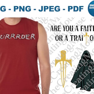 May include: A red sleeveless shirt with the word "MURRRDER" in a distressed font. The image also includes the text "ARE YOU A FAITHFUL OR A TRAITOR?" along with illustrations of a sword and a hooded cloak.