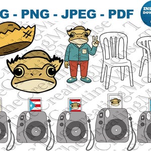 May include: Digital illustration featuring a cartoon frog character with a hat, a frog face, and a frog character giving a peace sign. Also includes two white chairs, cameras, and Puerto Rican flags. The image has the text "SVG - PNG - JPEG - PDF" and "Instant Download".