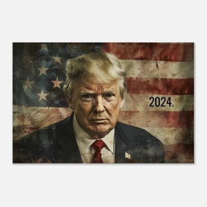 Donald Trump 2024 Poster, Patriotic Wall Art with American Flag, Trump for President Print, MAGA Room Decor, Gift for Republican Supporters