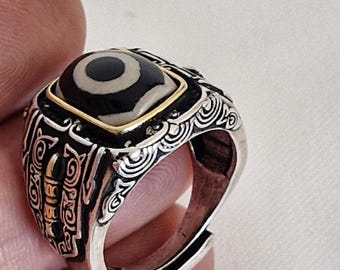 Tibetischer Dzi-Perlenring | Buddhistische Vajra Dorje Signet, Schutz Talisman