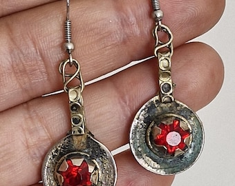 Vintage Kuchi Tribal Ohrringe | Antikes Silber Roter Stein Boho Tropfen