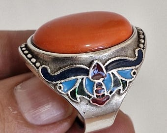 Chunky ethnischen Emaille Ring | Oval Roter Edelstein Statement Ring | Folk Handwerker Korallen Ring | Handgefertigter Gypsy Tribal Ring