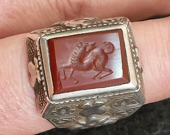 Antiker Hand geschnitzter Achat Siegelring, Sterlingsilber-Karneol Herrenschmuck