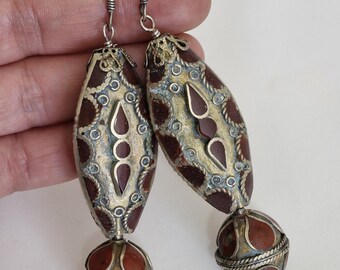 Marokkanische Berber Inlay Ohrringe, Rote Koralle Boho Statement Schmuck