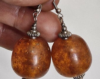 Vintage Bernstein Perlen Ohrhänger | Antiker Silber Boho Statement Schmuck