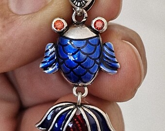 Sterling Silber Blau Emaille Koi Fisch Anhänger, Glücksbringer Halskette