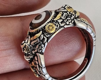 Tibetanischer Dzi-Stein-Ring, versilbertes verstellbares Band, ethnischer Unisexschmuck, Schutz vor dem Auge