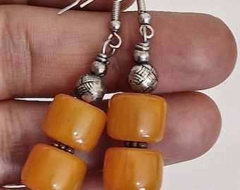 Vintage Catalin Perlen Ohrringe | Bernstein Harz Baumeln Schmuck | Handgefertigte Silber Ton Tropfen