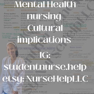 May include: A handwritten study guide for nursing students, with the title "Notes made by a fellow nursing student!" and the subheading "Mental Health Nursing Cultural Implications". The guide includes information on medications, side effects, and nursing interventions. The guide also includes a black box warning about a specific medication.