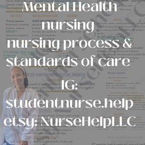 Könnte beinhalten: Eine Nahaufnahme einer handschriftlichen Notiz mit dem Titel "Mental Health Nursing Process & Standards of Care." Die Notiz enthält Informationen zu psychischen Erkrankungen, Medikamenten und Pflegeinterventionen. Die Notiz enthält auch den Text "studentnurse.help etsy: NurseHelpLLC" und die Social-Media-Handles "insta: studentnurse.help" und "Etsy: NurseHelpLLC".