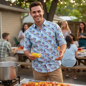 Puede incluir: Una camisa abotonada de color azul claro con un patrón repetitivo de camarones coloridos, combinada con pantalones de color canela. La camisa tiene un cuello clásico y mangas largas remangadas hasta los codos. La tela muestra camarones vibrantes.