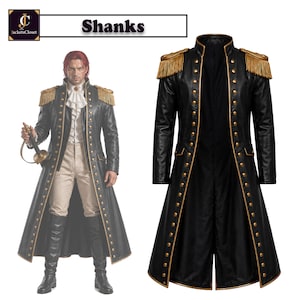 May include: A long black coat featuring gold-toned buttons along the front opening and gold fringe epaulets on the shoulders. The coat has a structured collar and gold trim along the edges. The text "Shanks" appears at the top of the image.