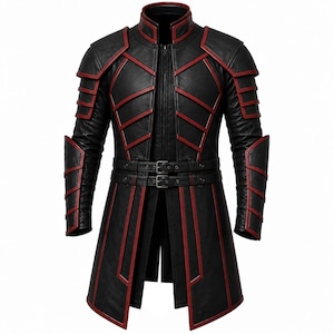 May include: A black leather jacket featuring a high collar, long sleeves, and a structured design with red trim accents. The garment includes two horizontal buckled straps at the waist and segmented paneling on the shoulders and forearms.