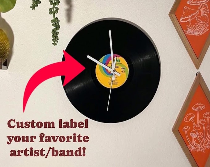 Custom Artist Vinyl Record Clock. Made from 12” Vinyl Records. Retro Groovy Personalized Clock.