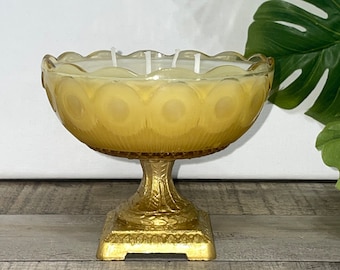 Highly Scented Soy Wax Vintage Amber Glass W/ Gold Pedestal Candle