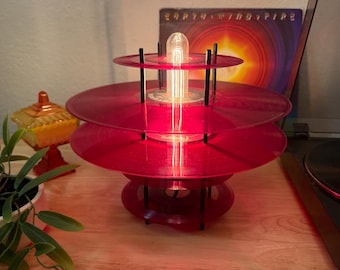 Red Vinyl Record Lamp – Handmade Upcycled 5 Tier Record Light – Retro Music Room Decor – Unique Gift for Music Lovers - Artisan Lamp