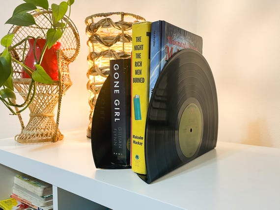 Set of 2 Vinyl Record Bookends, Retro Record Bookends, Vintage Vinyl Records, Groovy 70s Bookends, Funky Bookends