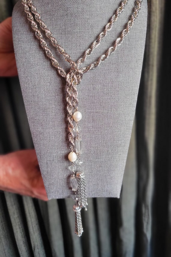 Mid-century Double Tassel Silver Necklace circa 1… - image 2