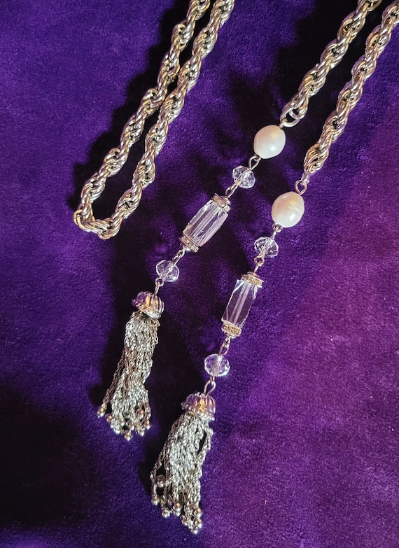 Mid-century Double Tassel Silver Necklace circa 1… - image 1