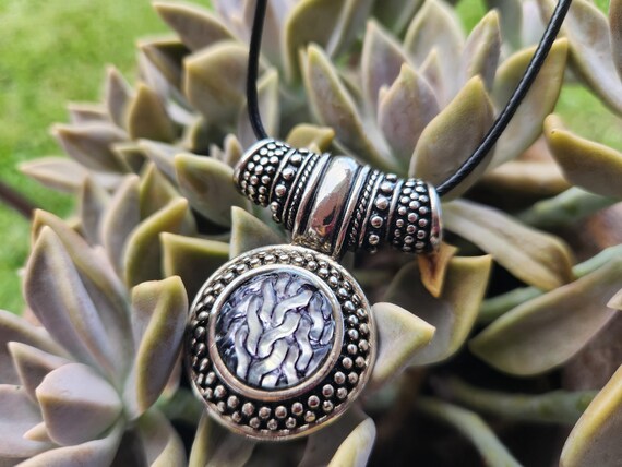Infinity Sphere Pendant Ornate Tribal Design Silver Tone Necklace circa 1980s