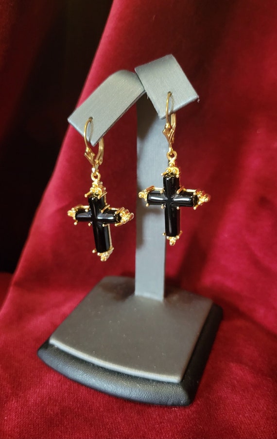 1980s Gold Black Onyx Cross Earrings