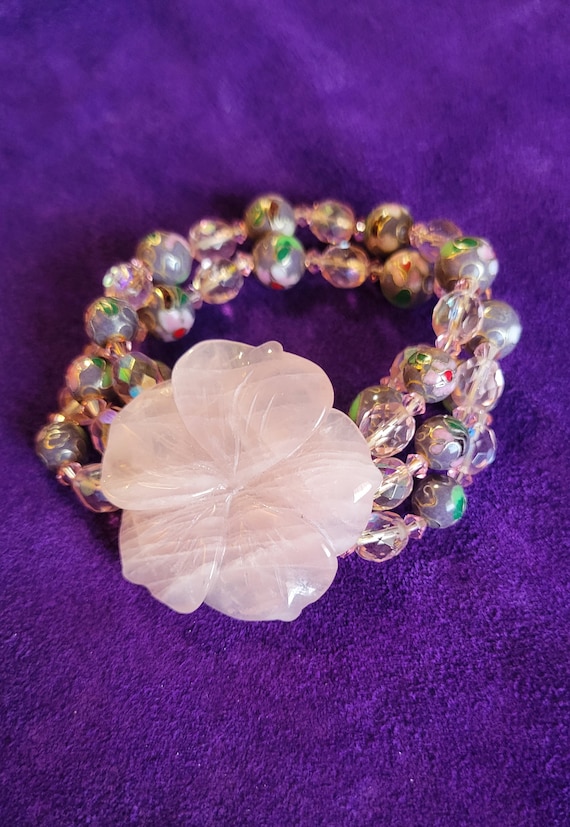 1980s Hand-carved Rose Quartz Flower Bracelet