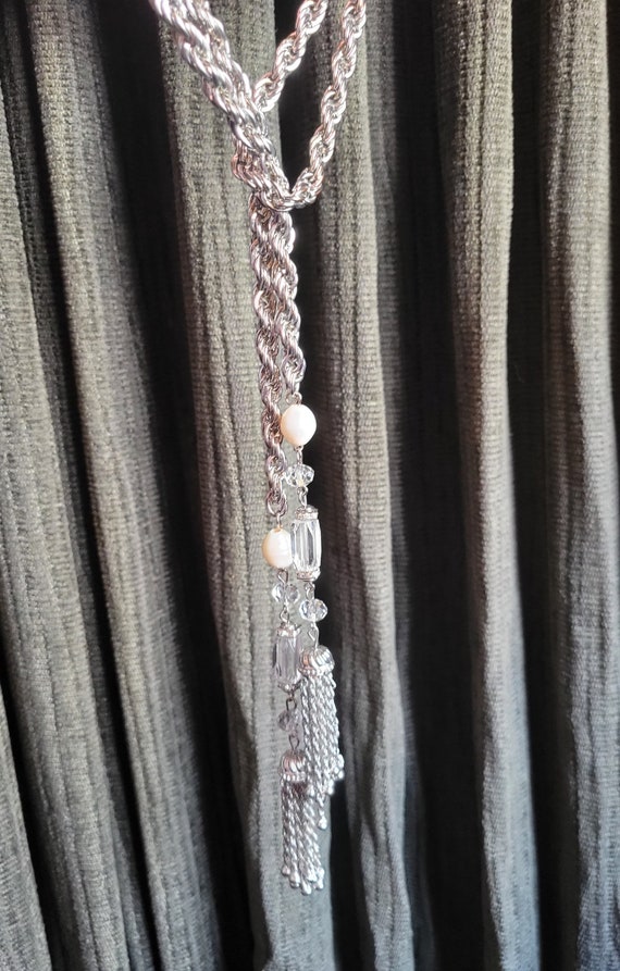 Mid-century Double Tassel Silver Necklace circa 1… - image 3