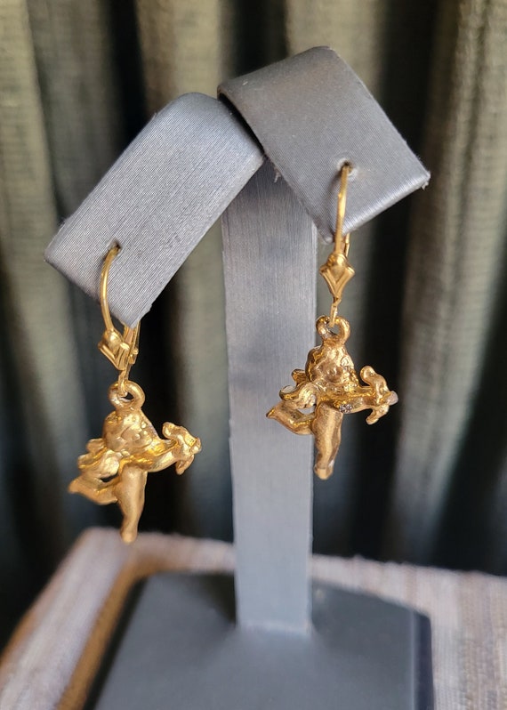 1980s Gold Angel Cupid Earrings - image 2