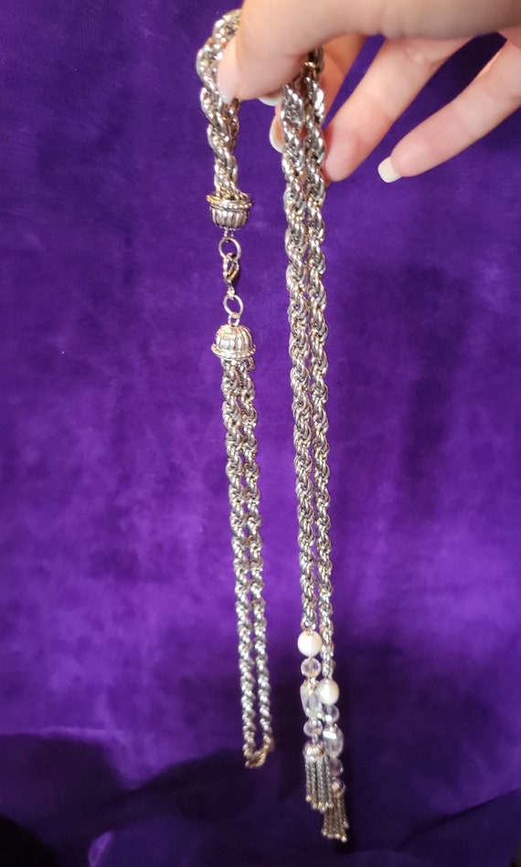 Mid-century Double Tassel Silver Necklace circa 1… - image 7