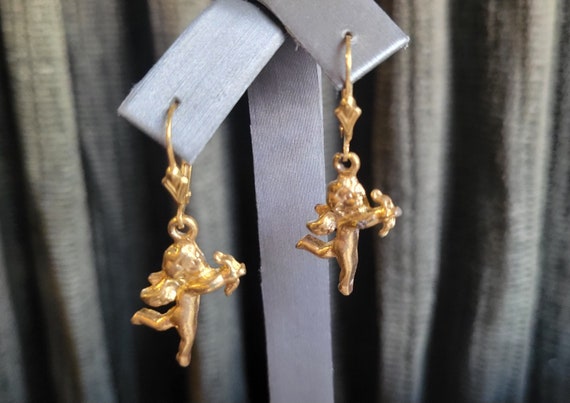 1980s Gold Angel Cupid Earrings - image 1