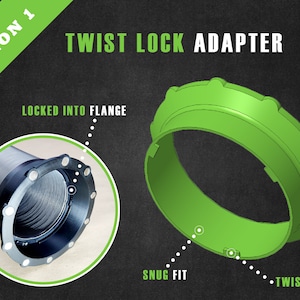 Może przedstawiać: Obrazek adaptera z blokadą obrotową. Adapter jest jasnozielony i okrągły, z serią nacięć na zewnętrznej krawędzi. Tekst "TWIST LOCK ADAPTER" jest wyświetlany nad adapterem. Schemat pokazuje, jak adapter blokuje się we kołnierzu.
