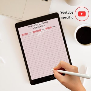 Könnte beinhalten: Ein Tablet-Bildschirm zeigt einen rosa-weißen monatlichen YouTube-Analyse-Tracker mit Spalten für das Postdatum, die Uhrzeit, den Post, die Likes, die Follower und das Engagement. Das Tablet befindet sich auf einer weißen Oberfläche mit einem Laptop, einer Tasse Kaffee und einer Vase.