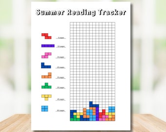 Może przedstawiać: Biała kartka z napisem "Summer Reading Tracker". Tracker zawiera siatkę do śledzenia postępów w czytaniu, z kolorowymi kształtami przypominającymi Tetris, reprezentującymi różne liczby stron: 5, 10, 15, 20, 25, 30, 45 i 60 stron.
