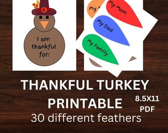 May include: Printable Thanksgiving activity featuring a brown turkey with a hat and the text "I am thankful for:".  The printable includes 30 different feathers with various phrases to write on, such as "My Mom", "My Dad", and "My Family".