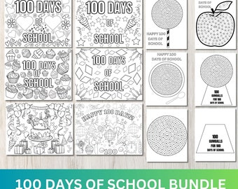 May include: Black and white printable coloring pages and activity sheets for 100 days of school. The pages feature a variety of themes, including cupcakes, hearts, stars, and a birthday cake. The text "100 Days of School Bundle" is at the bottom of the image.