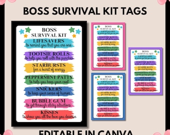 Boss Survival Kit, Boss Wertschätzung, Boss Tag Geschenkanhänger, Boss Dankeschön Tag Karten Goody Bags Treat Bag Tag Boss Tag druckbare Karte bearbeitet werden