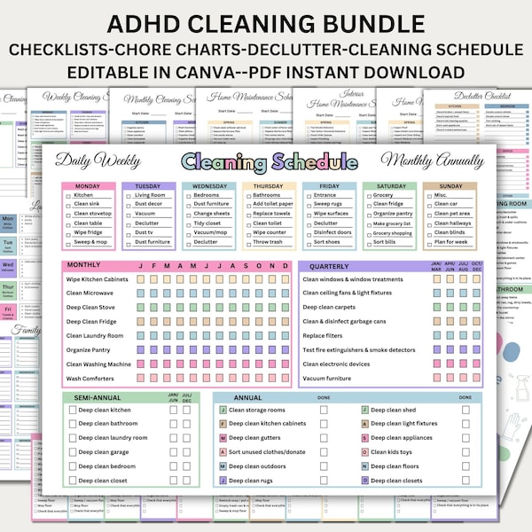 ADHD Cleaning Checklist Bundle, ADHD Cleaning Planner, ADHD Chore Chart, Deep Cleaning Cards, Cleaning Schedule, Family Chore Chart