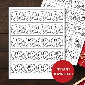 Tarjetas de regalo con números para intercambiar con elefantes blancos, descarga digital instantánea e imprimible, juego de elefantes blancos, juego de fiesta de Navidad con elefantes blancos
