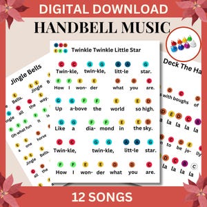 May include: Digital download of handbell music sheets, including "Jingle Bells" and "Deck the Halls." The sheets have colour-coded notes for easy learning, with the text "Twinkle Twinkle Little Star" visible. The image also says "12 Songs."