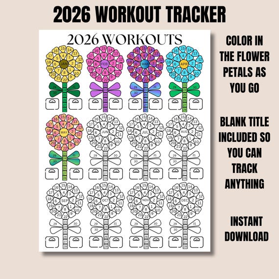2026 Workouts Tracker Coloring Page Printable, Coloring Workout Calendar, Year Workout Tracking Coloring Sheet, Daily tracker, Fitness log