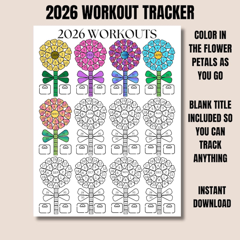 2025 workout habit tracker, 2025 workout tracker, 2025 habit tracker, 2025 coloring habit tracker, coloring workout tracker, flower workout tracker, floral workout tracker