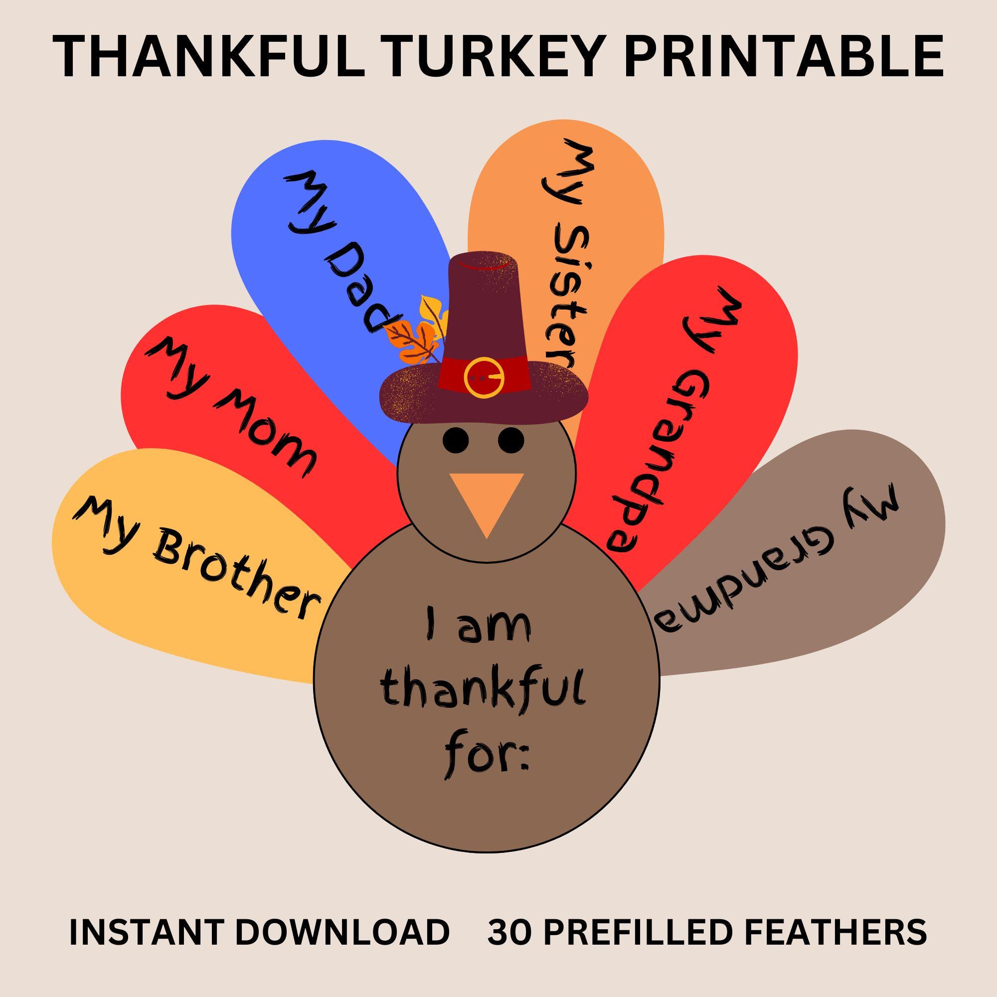 thankful turkey craft: thanksgiving printable (pdf) - etsy