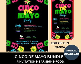 Cinco De Mayo Invitation, Fiesta Invite, Cinco de Mayo Party, Fiesta Invitation template, Cinco De Mayo Bundle, Bar Signs Food Tent Banner