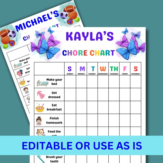 Kids Chore Chart Printable, Family Planner Responsibility Chart, Kids Chore List, Editable Chore Chart, Customizable Chore Chart For Kids