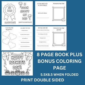 May include: A black and white printable Father's Day activity book. The book includes pages for writing, drawing, and coloring. The cover says "#1 Dad" and "Happy Father's Day!" The book is 5.5x8.5 inches when folded.
